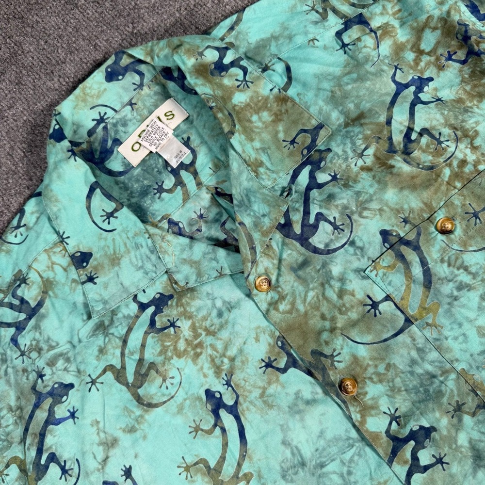 Orvis Mens XL Teal Gecko Lizard Batik Print Short Sleeve Cotton Camp Shirt #4363